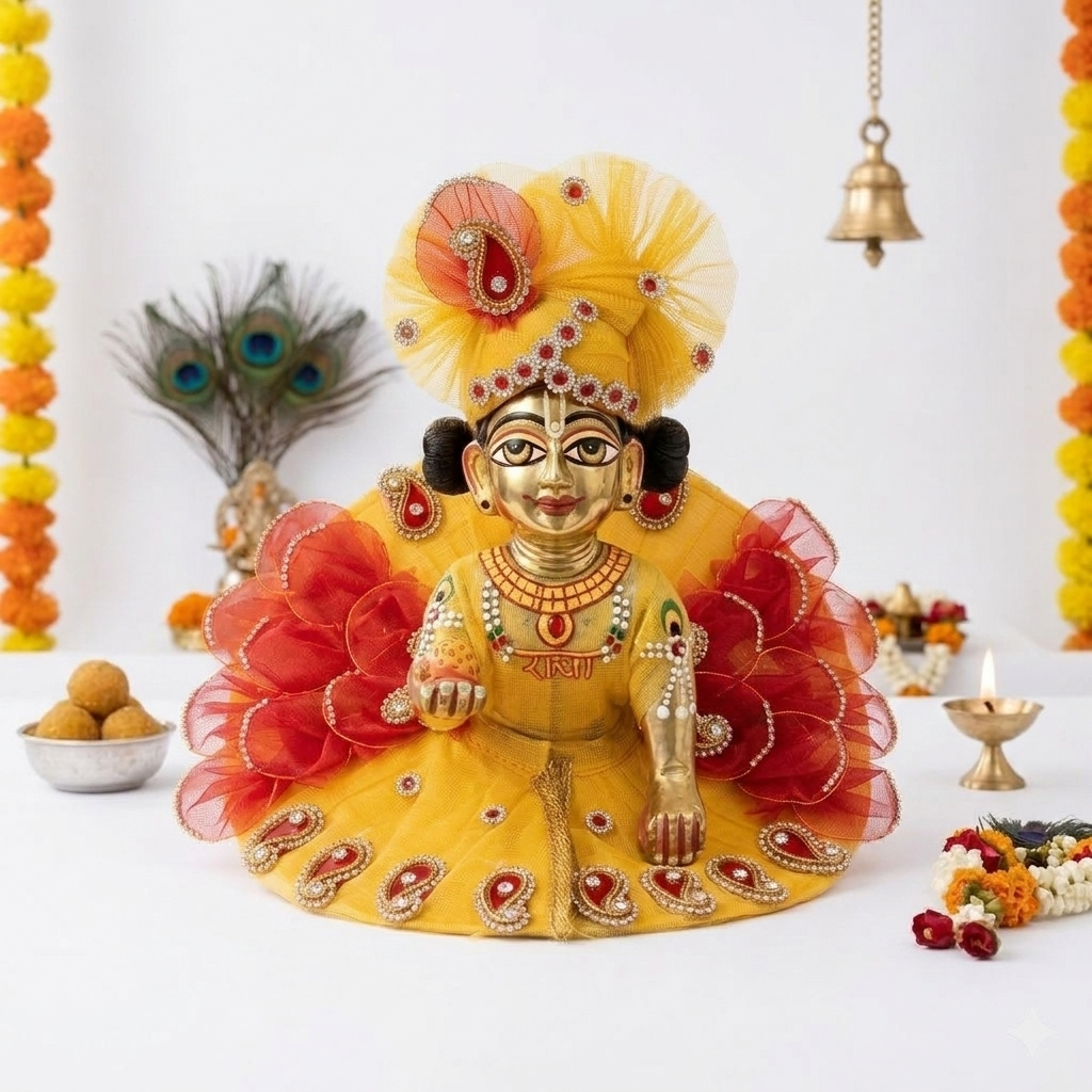 ( Size - 4 ) Handcrafted Designer Laddu Gopal Dress - Velvet & Net Combo with Pearl Embellishments