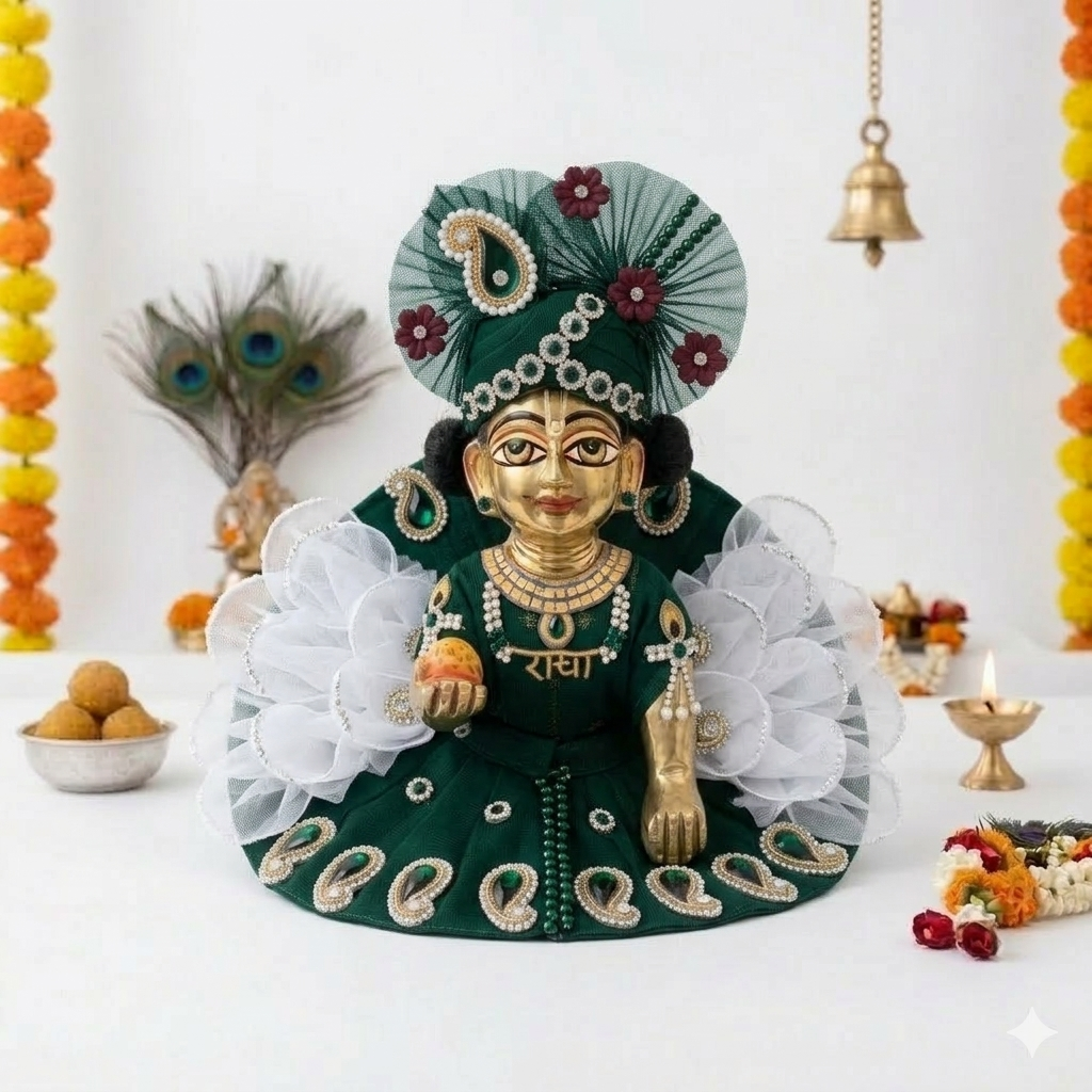 ( Size - 4 ) Handcrafted Designer Laddu Gopal Dress - Velvet & Net Combo with Pearl Embellishments