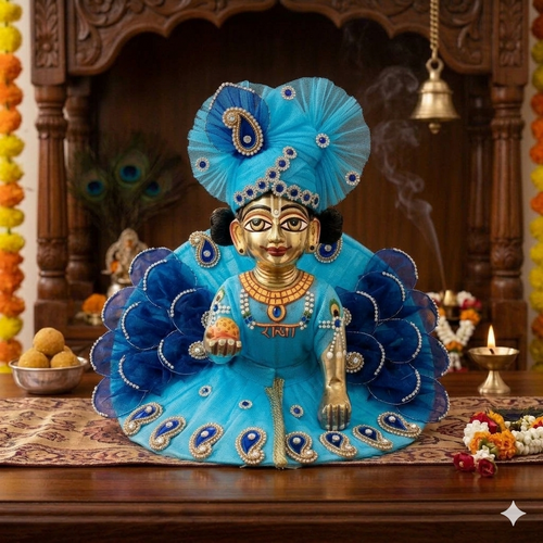 ( Size - 4 ) Handcrafted Designer Laddu Gopal Dress - Velvet & Net Combo with Pearl Embellishments