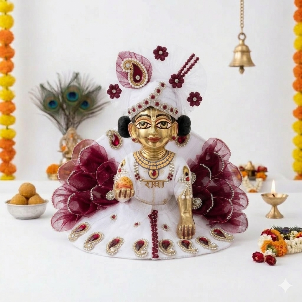 ( Size - 4 ) Handcrafted Designer Laddu Gopal Dress - Velvet & Net Combo with Pearl Embellishments