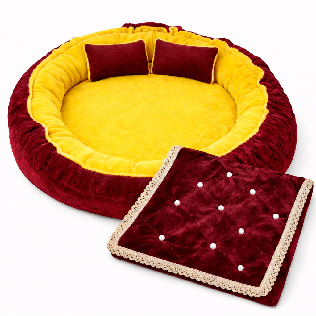 Laddu Gopal Round Bed Set in Double Colors Combination | Bedding | 3 Cushion | 1 Blanket