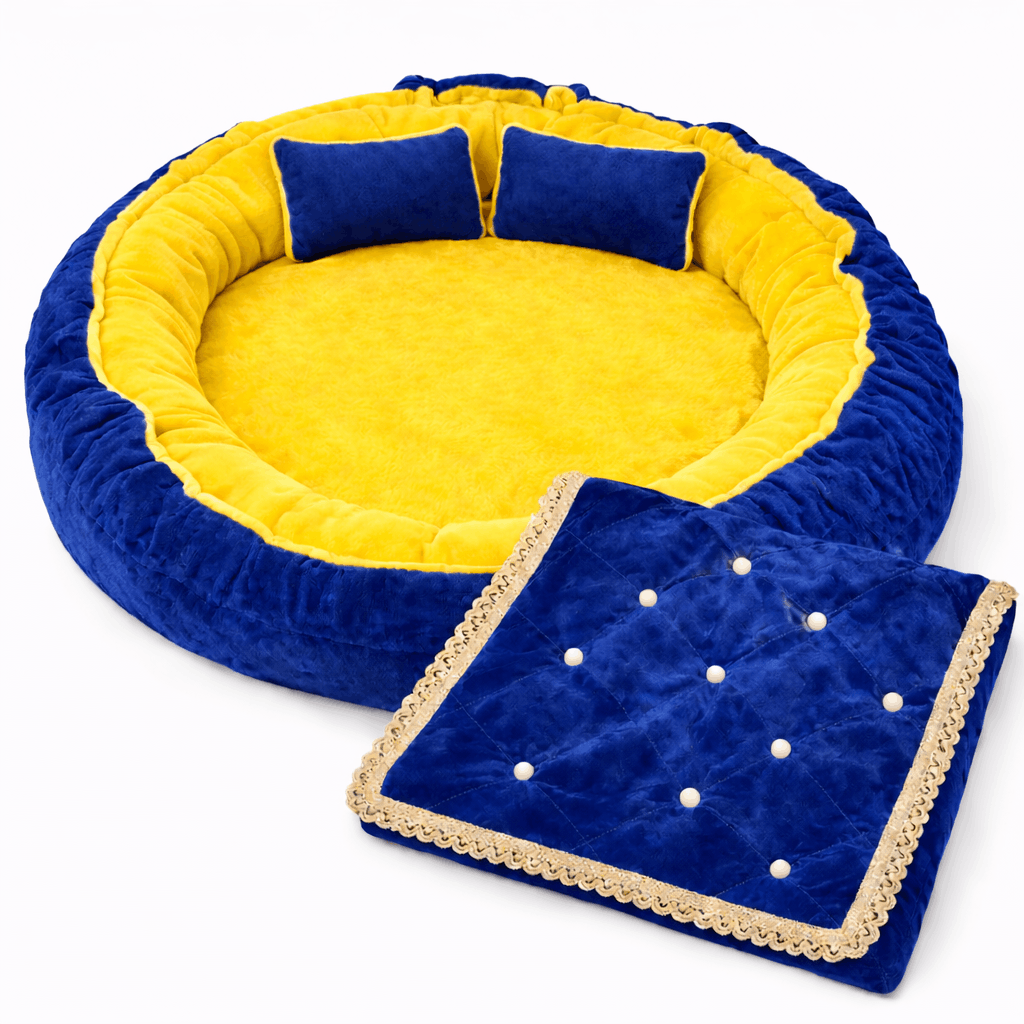 Laddu Gopal Round Bed Set in Double Colors Combination | Bedding | 3 Cushion | 1 Blanket