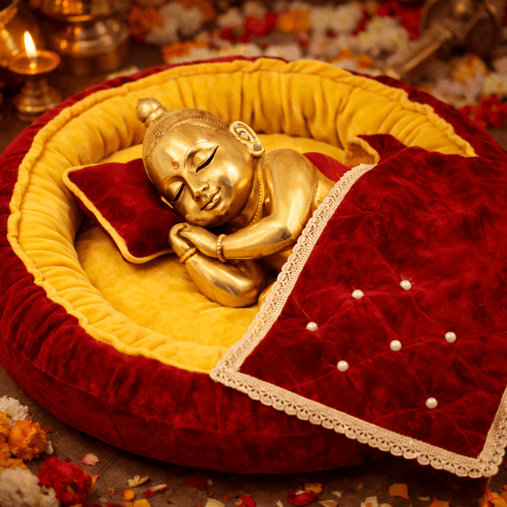 Laddu Gopal Round Bed Set in Double Colors Combination | Bedding | 3 Cushion | 1 Blanket