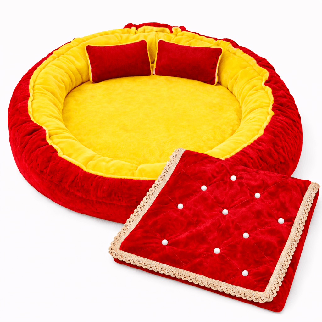 Laddu Gopal Round Bed Set in Double Colors Combination | Bedding | 3 Cushion | 1 Blanket